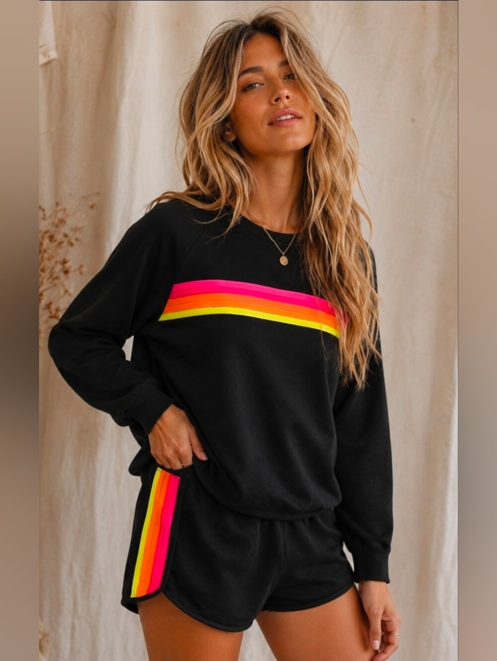 The Cozy Crew Sweater & Shorts Set Black Raindow Stripes Daisy Small+Medium NIP$